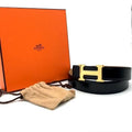 Hermes Leather Constance Buckle Reversible Belt 70 Black Gold