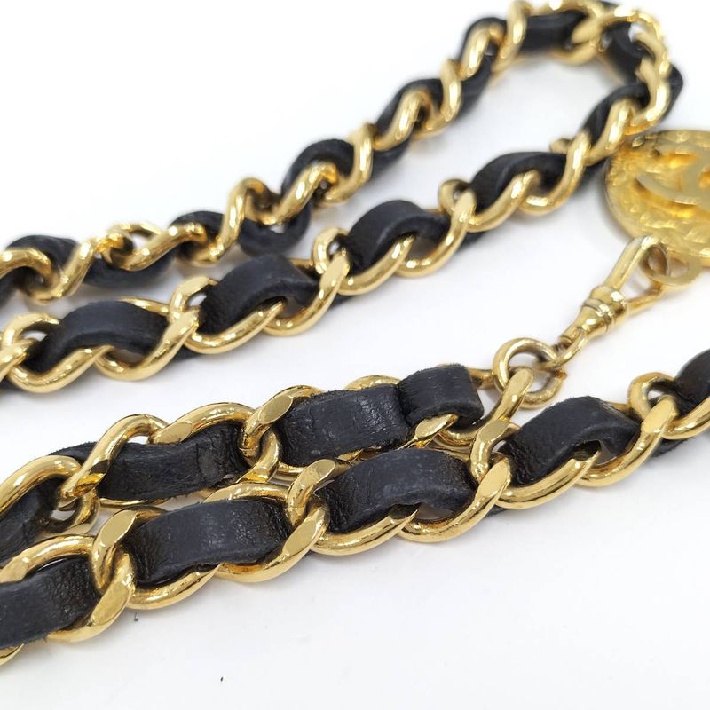 Chanel Chain Belt Medallion Coco Mark Leather Plated Gold Black