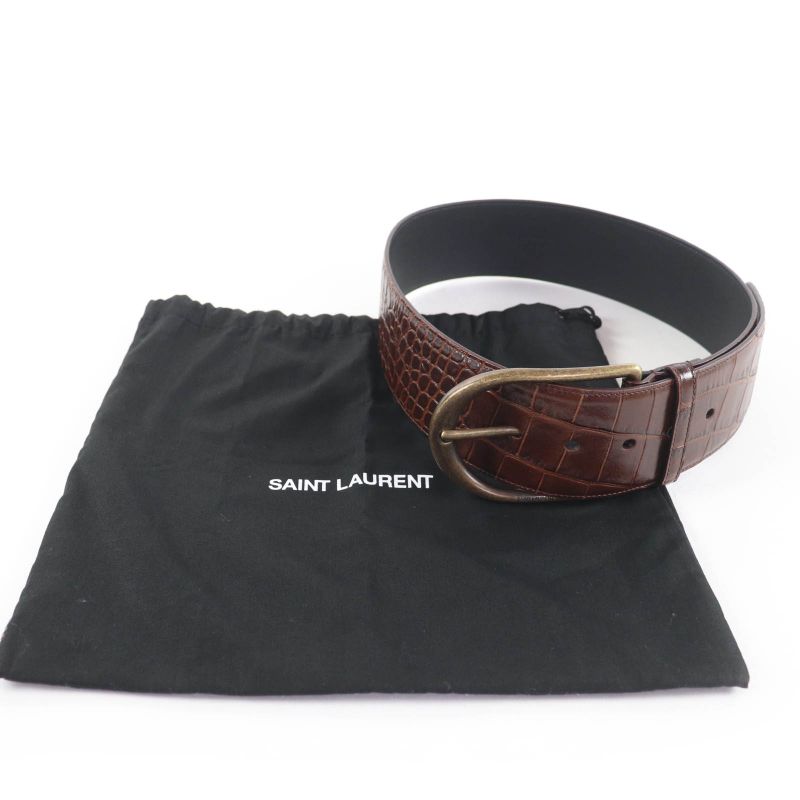 Saint Laurent Logo Croc Shape Pressed Leather Belt Brown 65 Storage