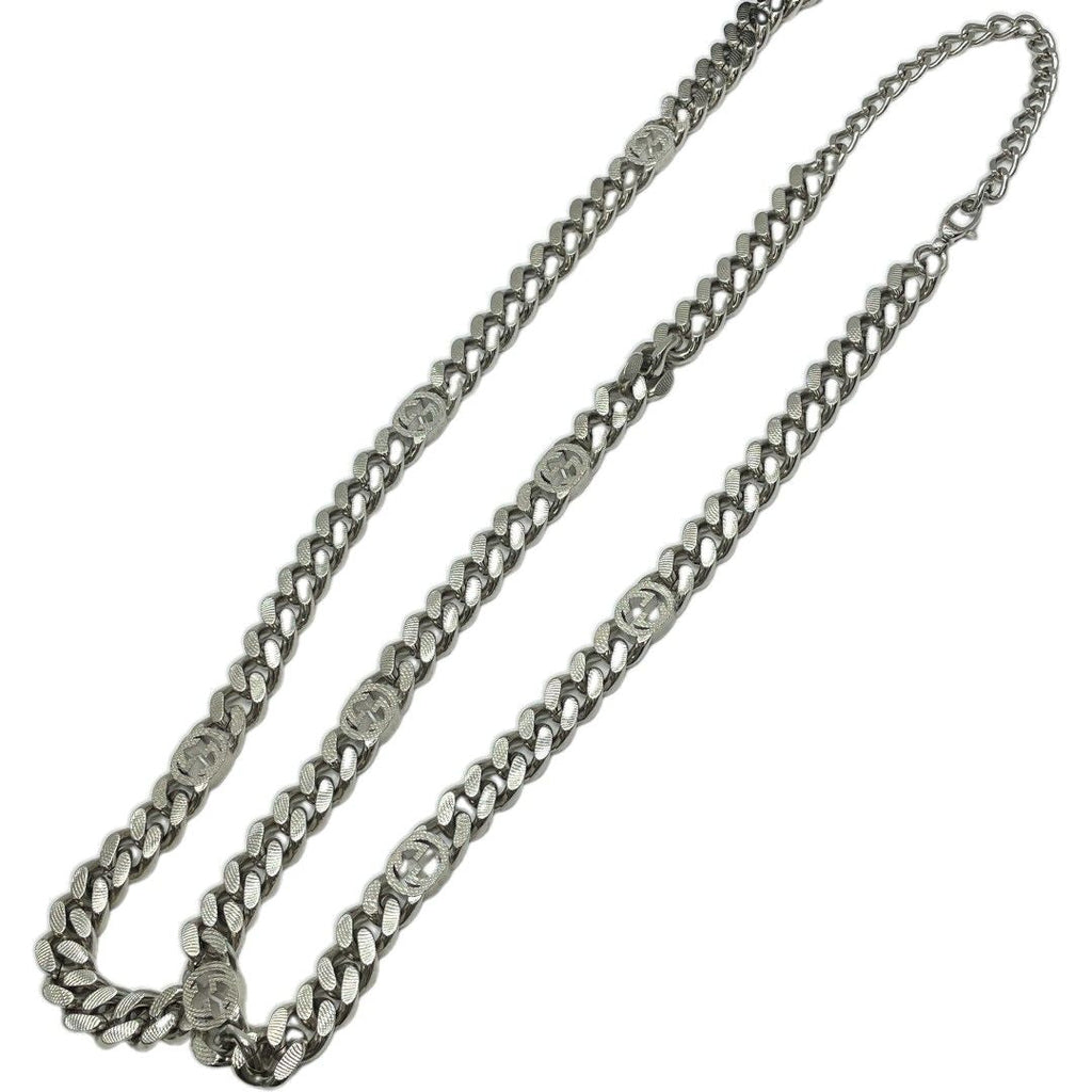 Gucci Interlocking Chain Belt Choker Black Leather Silver
