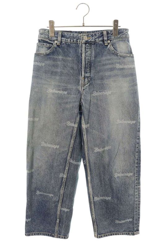 Balenciaga Logo All Over Pattern Button Fly Denim Pants 26 Indigo