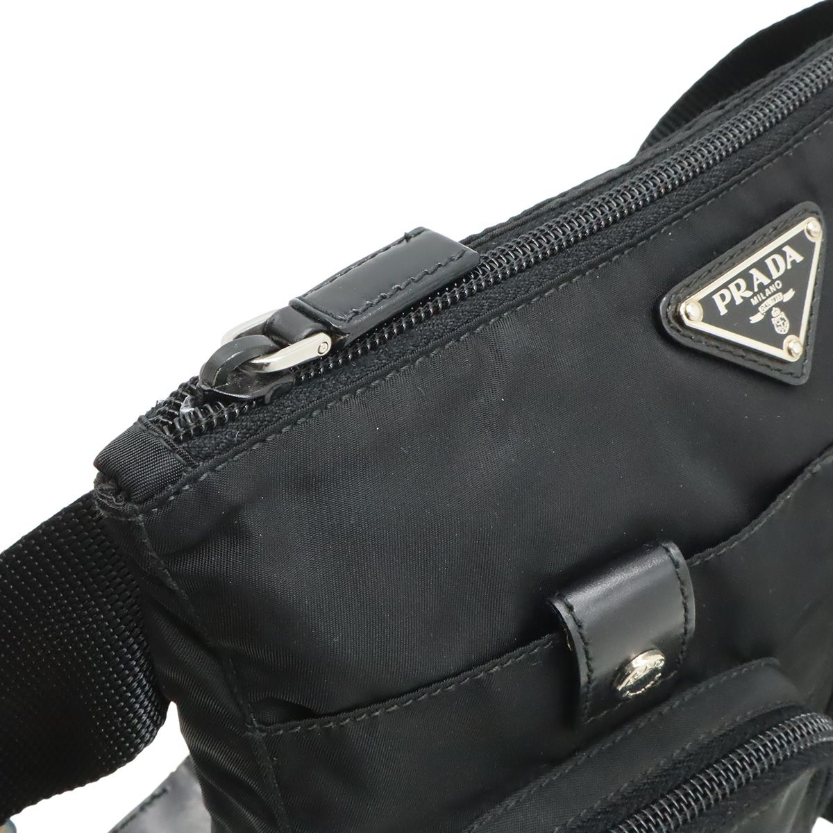 Prada Triangle Logo Belt Bag Waist Pouch Bag Nylon Leather Nero Black Silver
