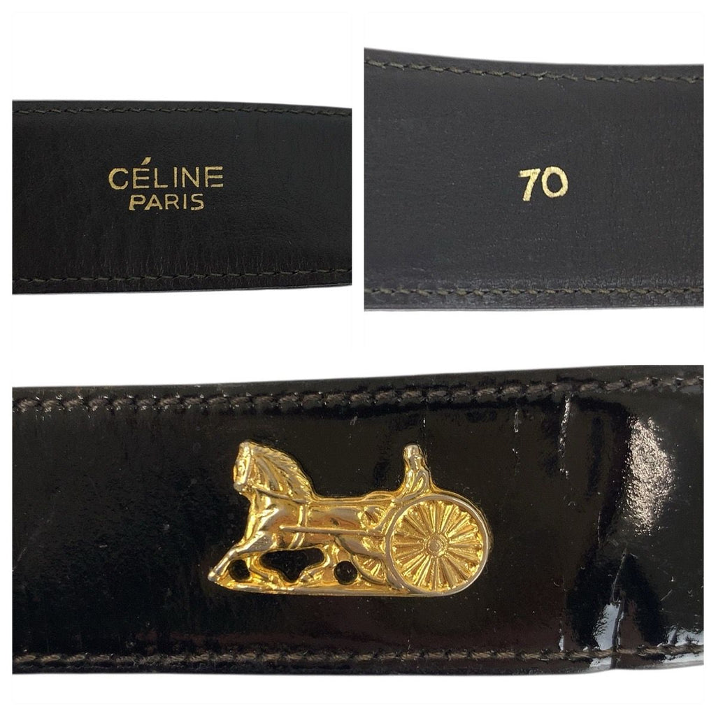 Celine Vintage Carriage 70 Black Gold Patent Leather Belt