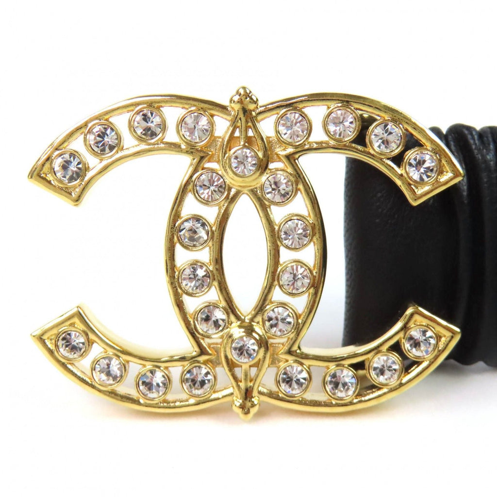 Chanel CC Logo Rhinestone Buckle Leather Rubber Belt Black Gold