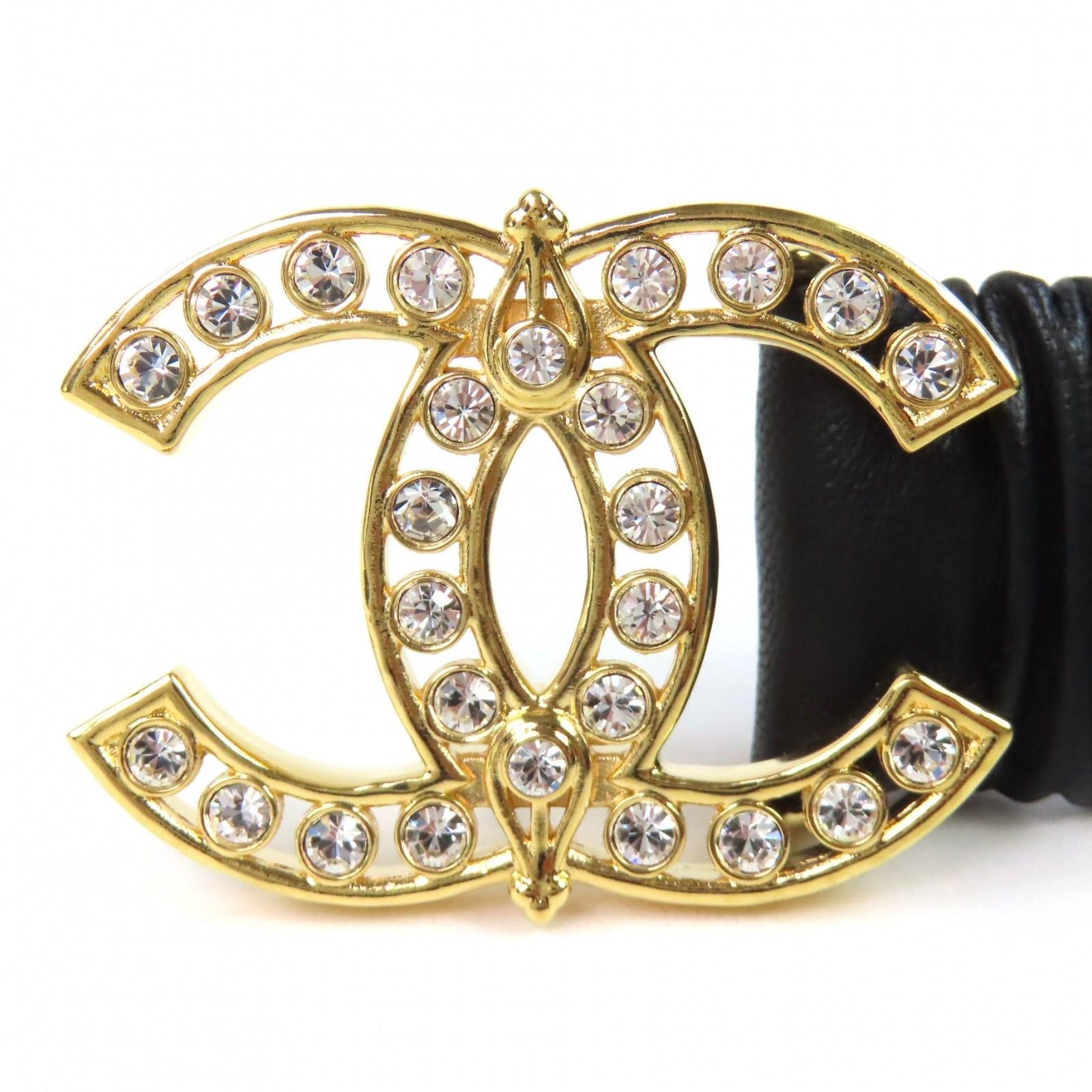 Chanel CC Logo Rhinestone Buckle Leather Rubber Belt Black Gold