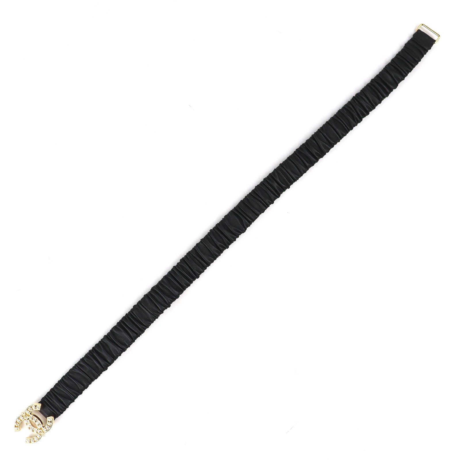 Chanel CC Logo Rhinestone Buckle Leather Rubber Belt Black Gold
