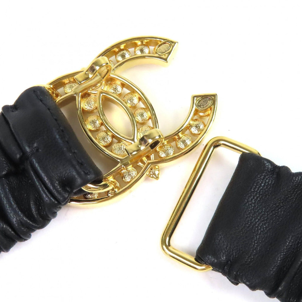 Chanel CC Logo Rhinestone Buckle Leather Rubber Belt Black Gold