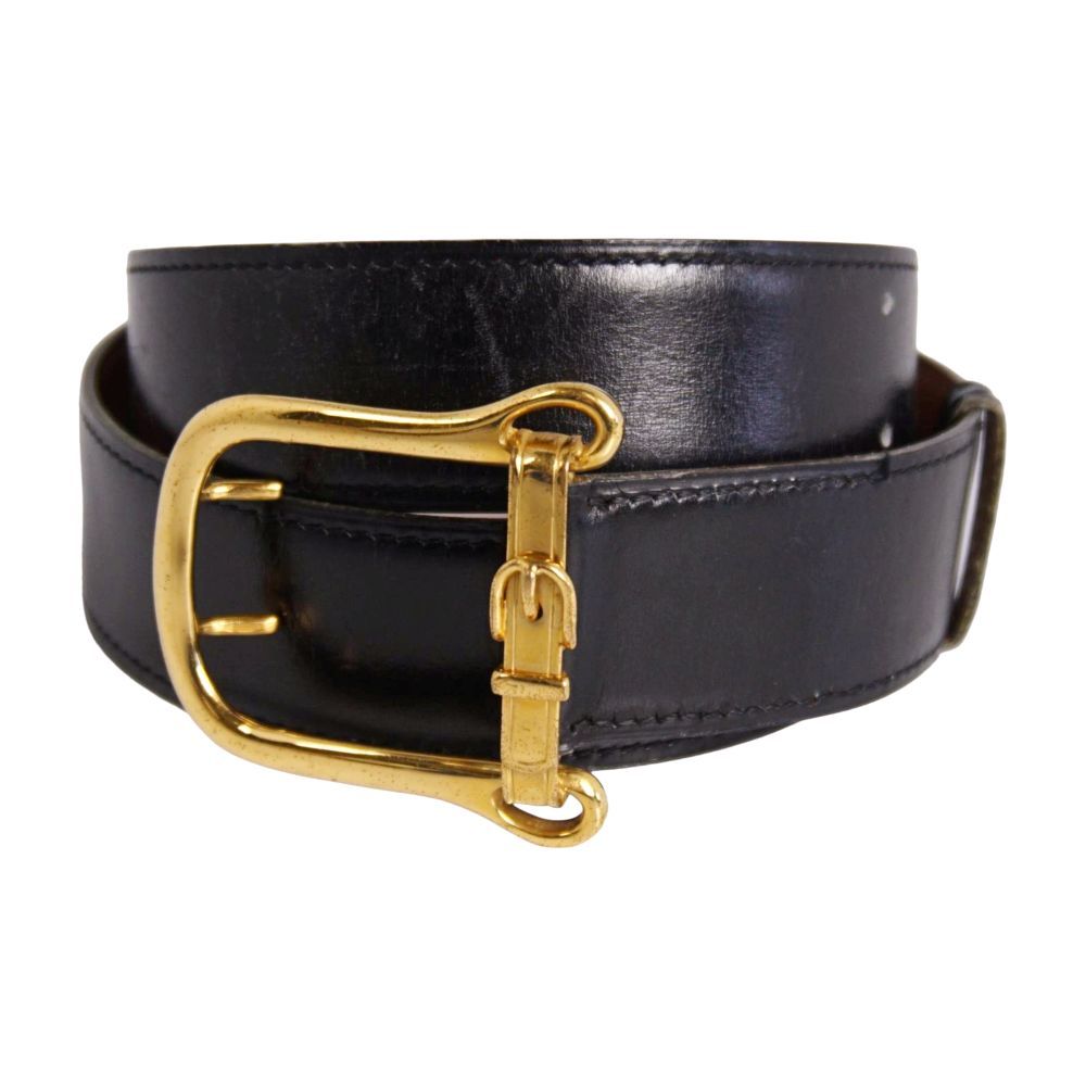 Hermes Vintage Leather Belt Black Gold Buckle