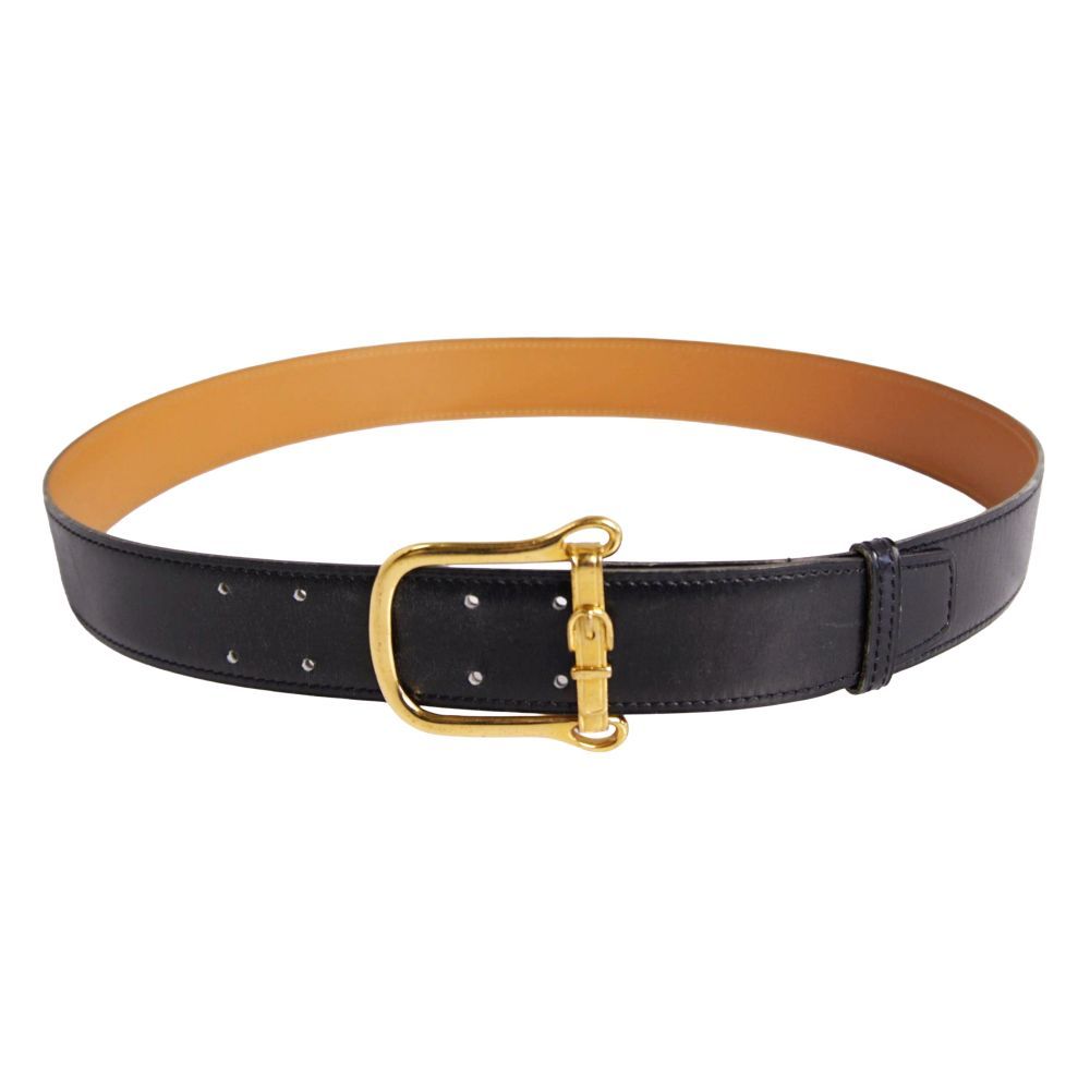 Hermes Vintage Leather Belt Black Gold Buckle