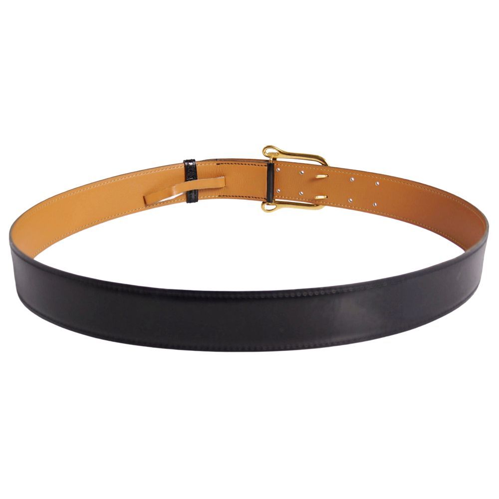 Hermes Vintage Leather Belt Black Gold Buckle