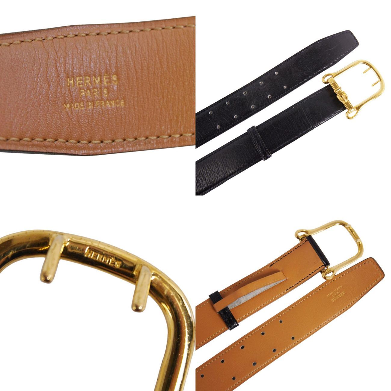 Hermes Vintage Leather Belt Black Gold Buckle