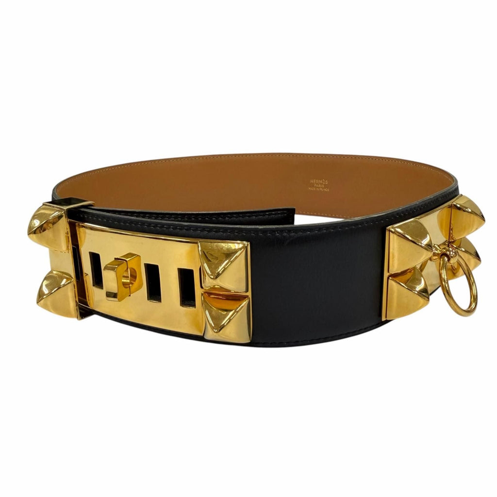 Hermes Vintage Collier de Chien 50 Gold Leather Belt Black 65
