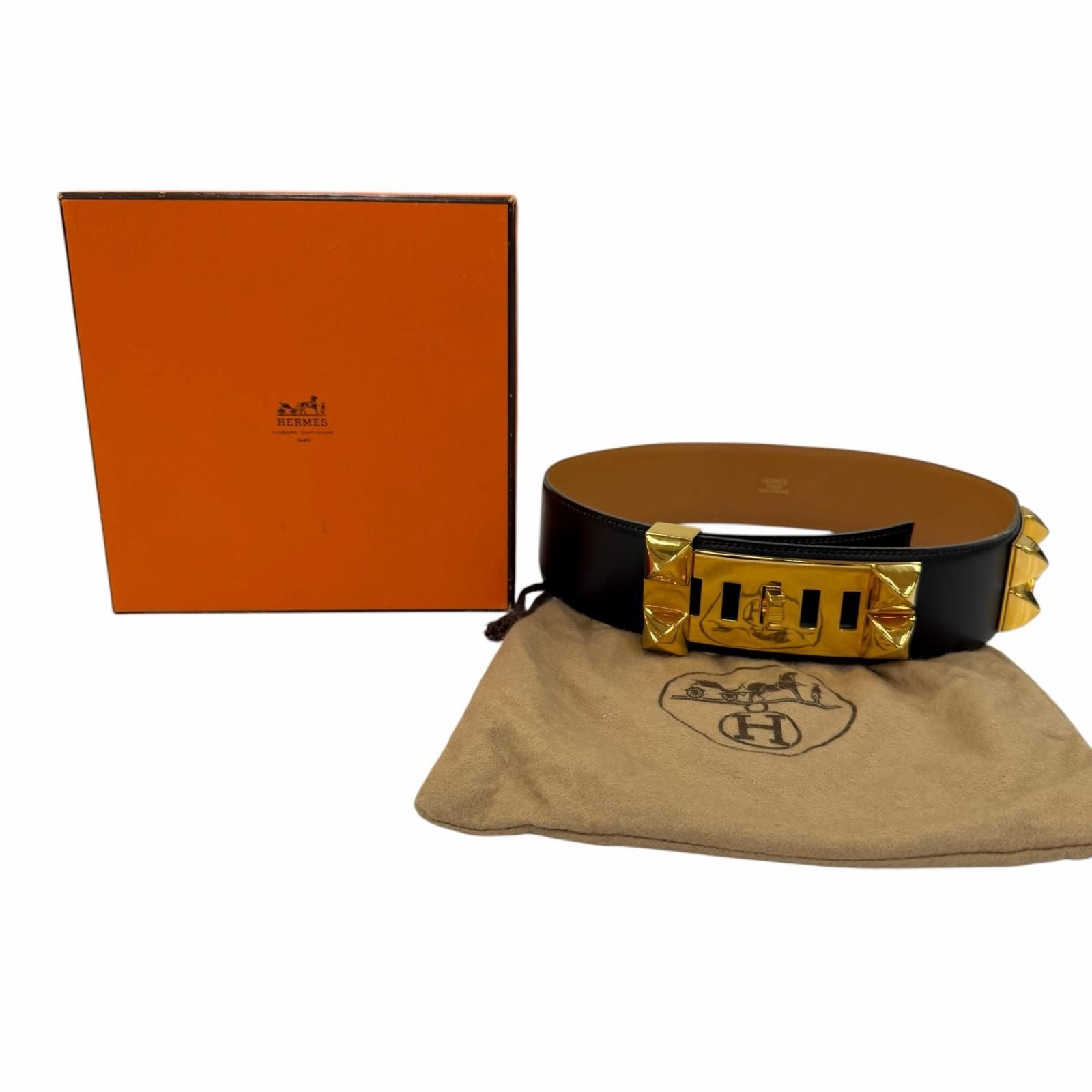 Hermes Vintage Collier de Chien 50 Gold Leather Belt Black 65