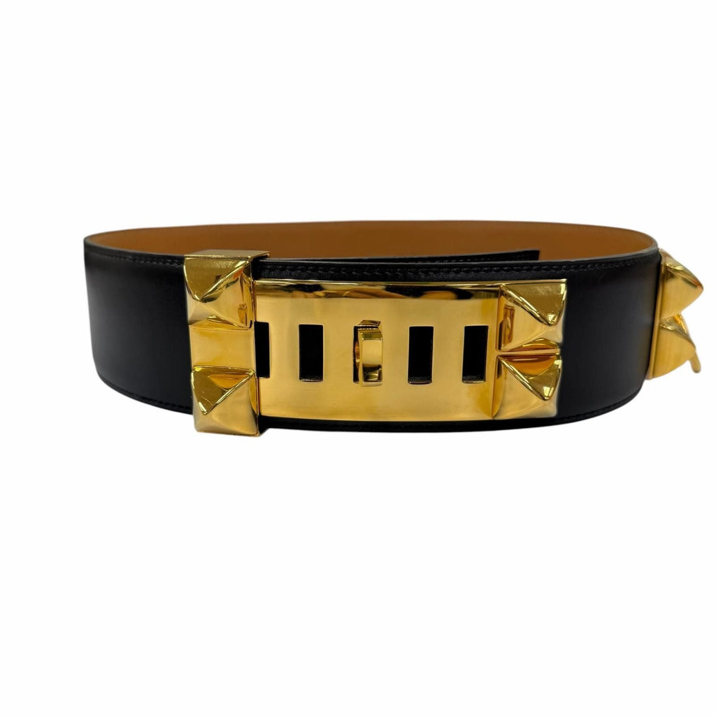 Hermes Vintage Collier de Chien 50 Gold Leather Belt Black 65