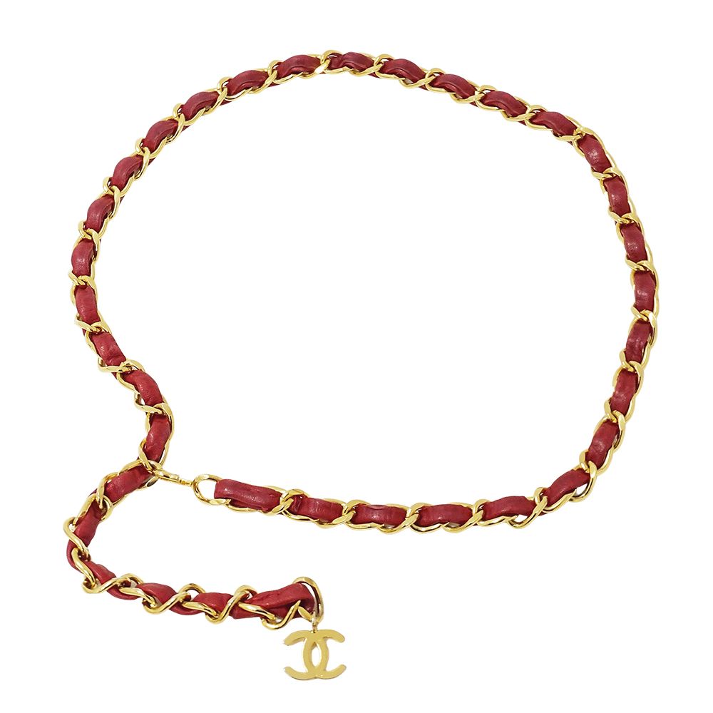 Chanel Belt Chain Leather Red Gold CC Logo