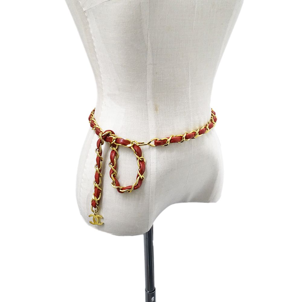 Chanel Belt Chain Leather Red Gold CC Logo