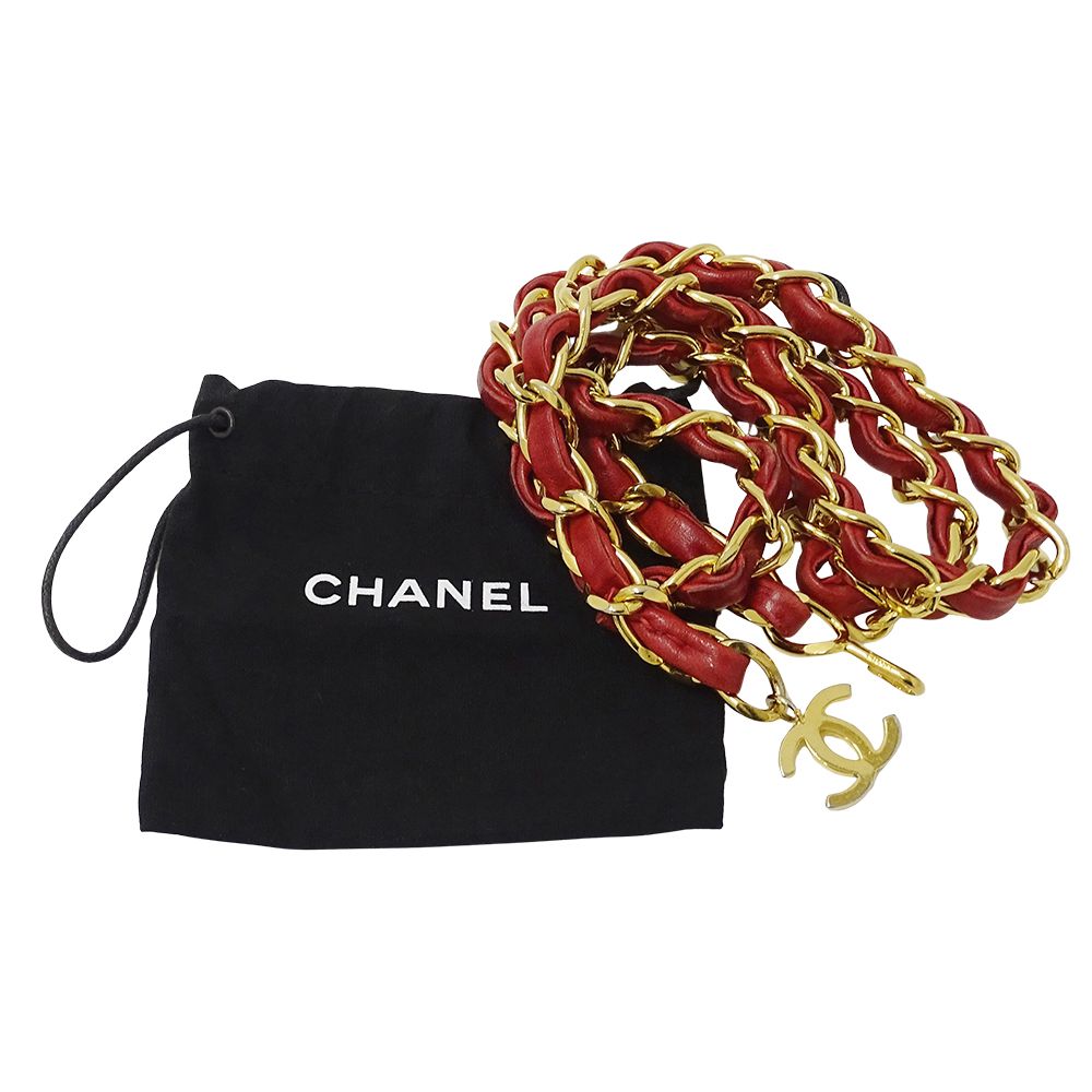 Chanel Belt Chain Leather Red Gold CC Logo