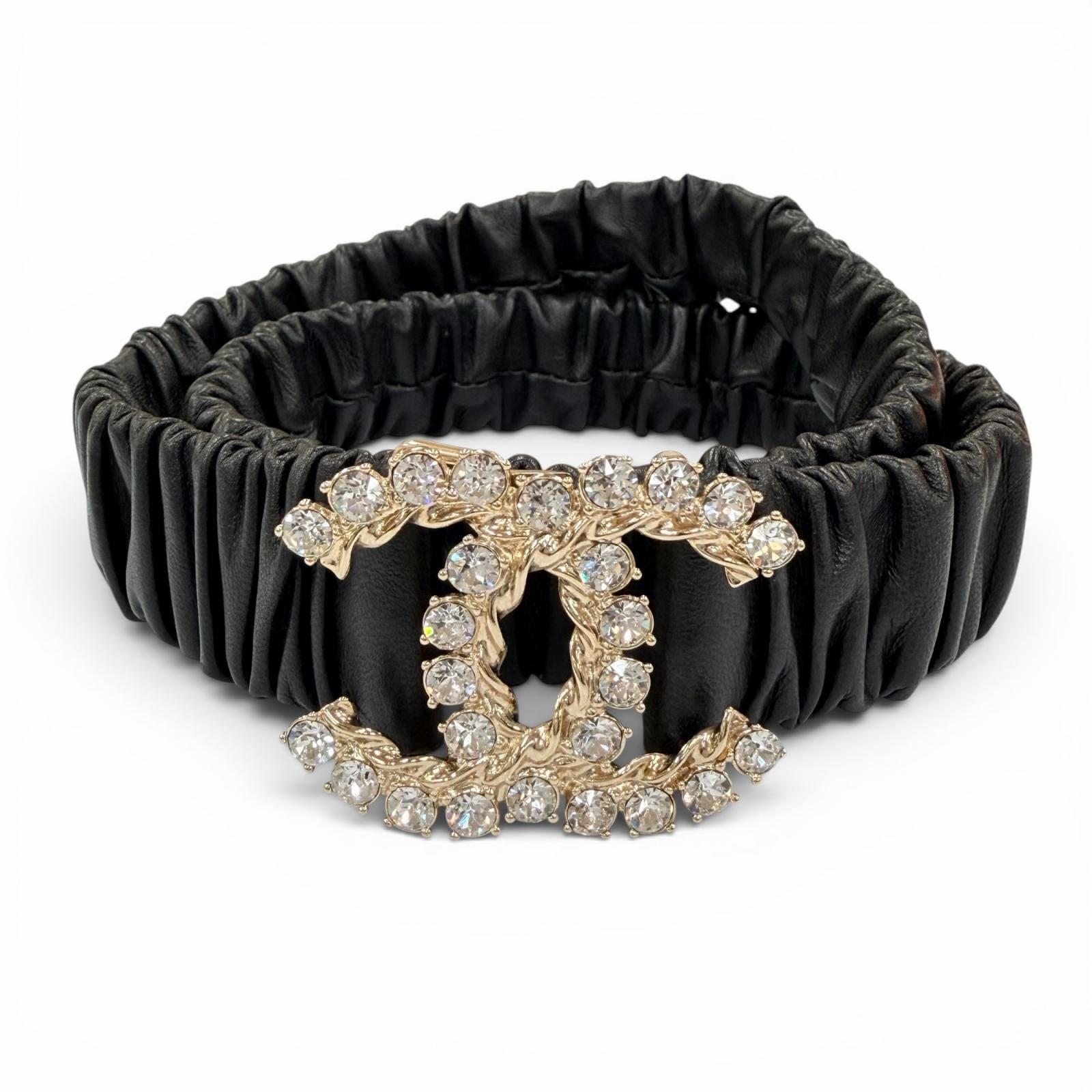Chanel 21c CC Logo Rhinestone Leather Rubber Belt Black Gold