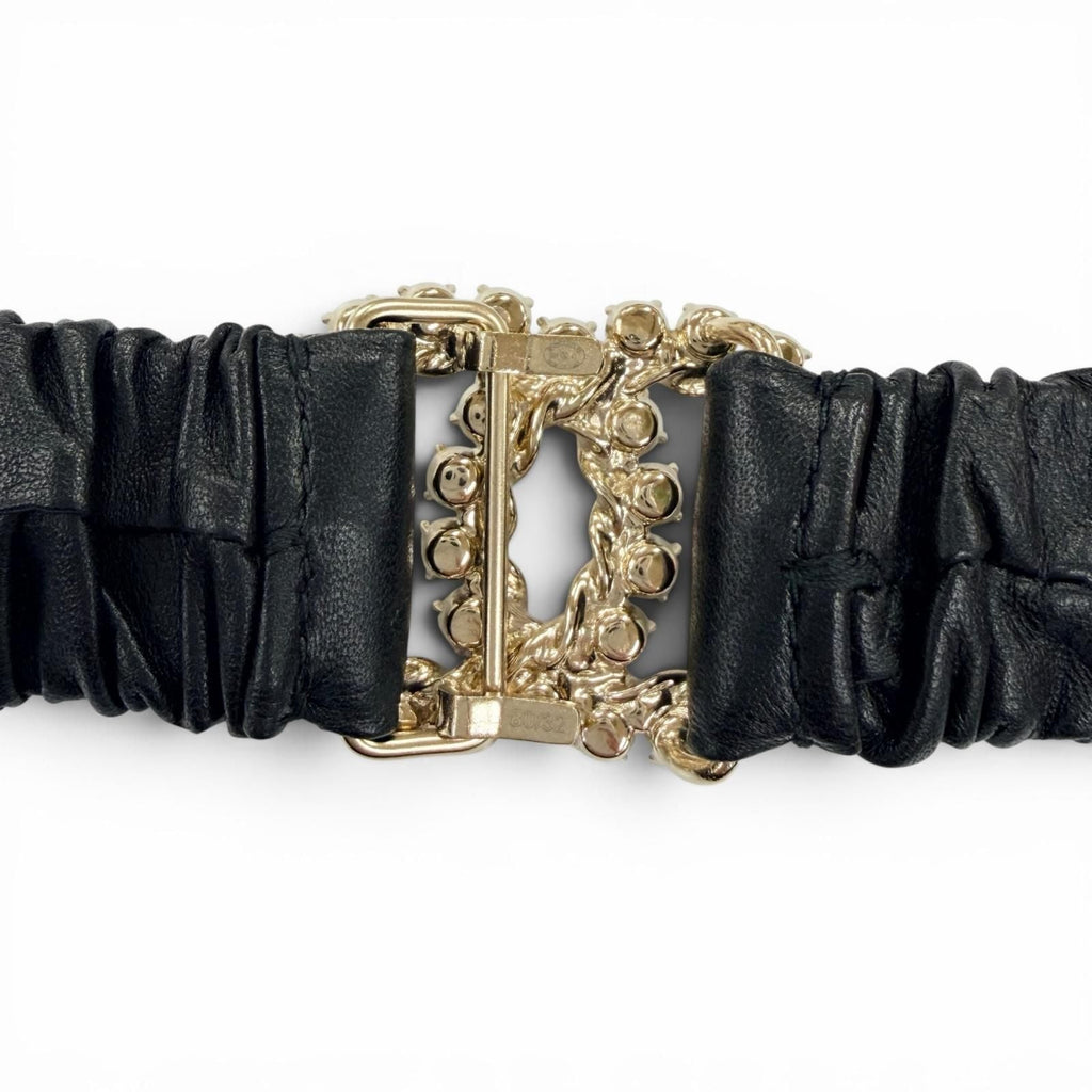 Chanel 21c CC Logo Rhinestone Leather Rubber Belt Black Gold