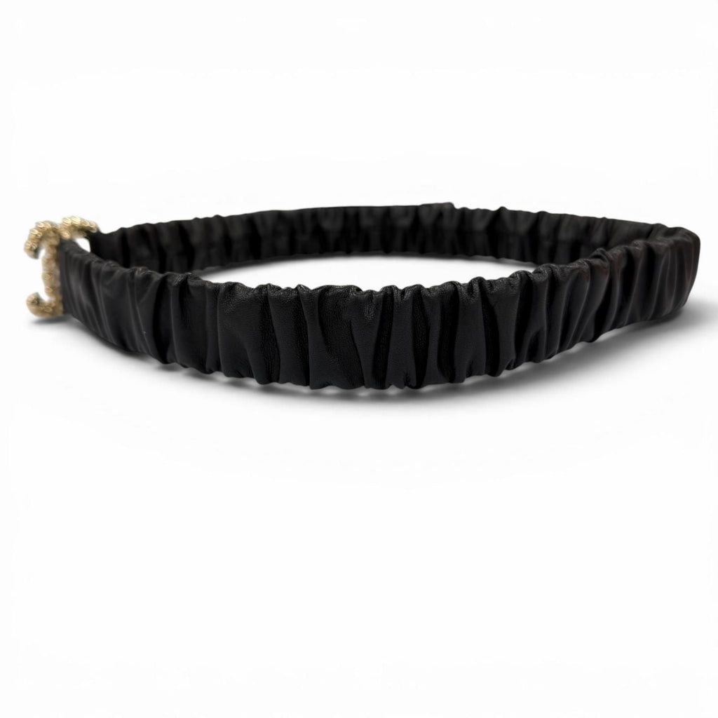 Chanel 21c CC Logo Rhinestone Leather Rubber Belt Black Gold