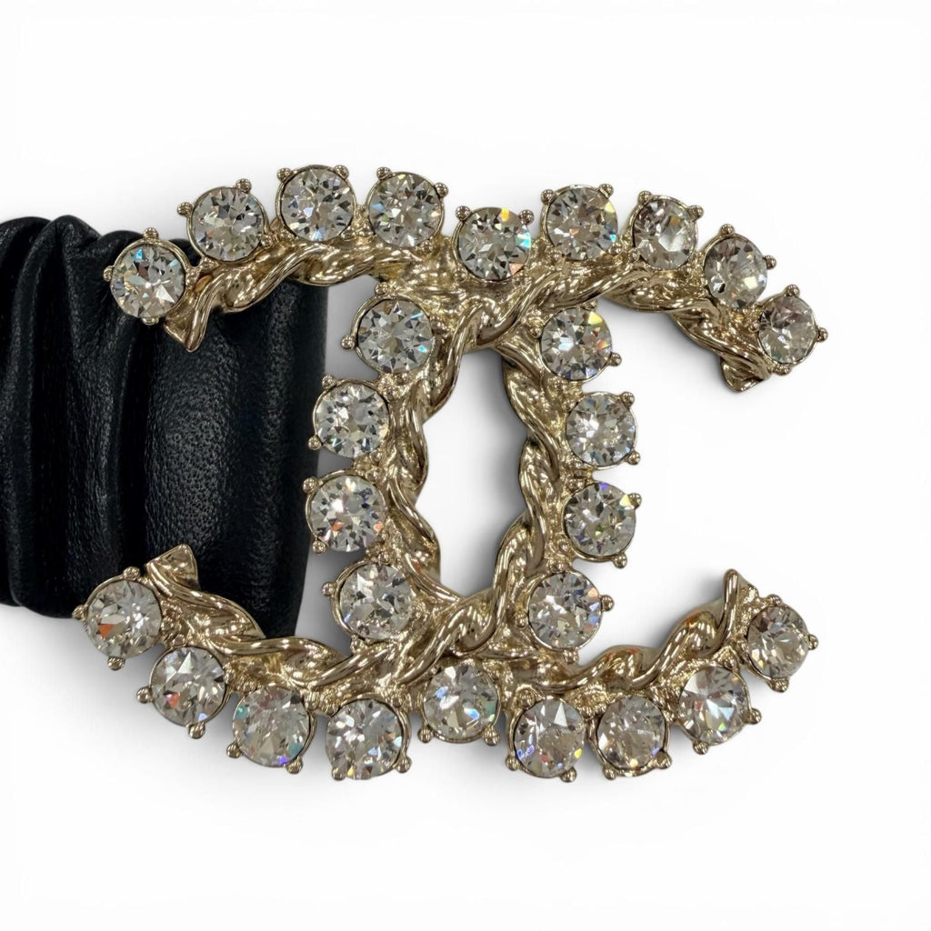 Chanel 21c CC Logo Rhinestone Leather Rubber Belt Black Gold