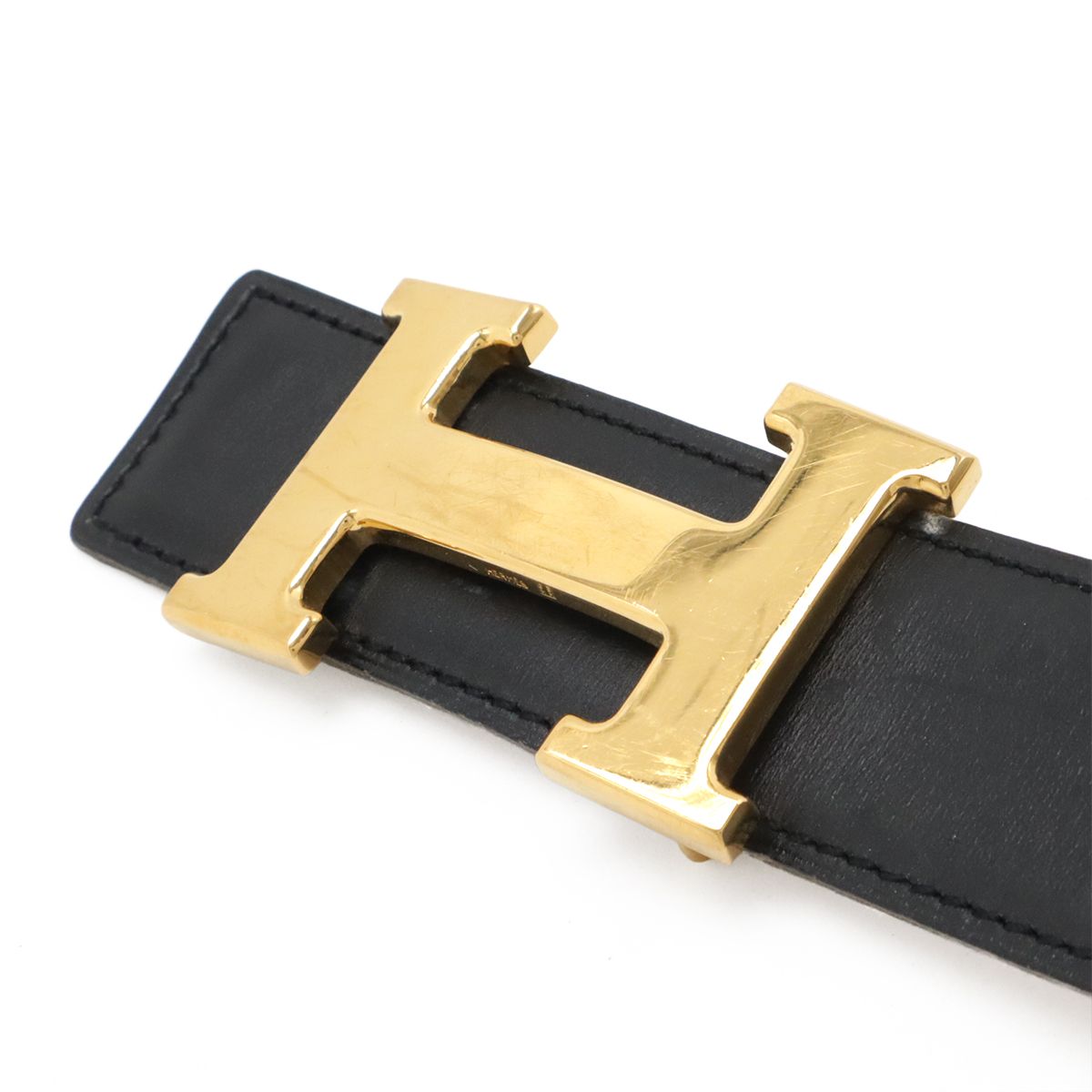 Hermes Belt Buckle Reversible Box Calf Leather Black Light Brown Gold 62