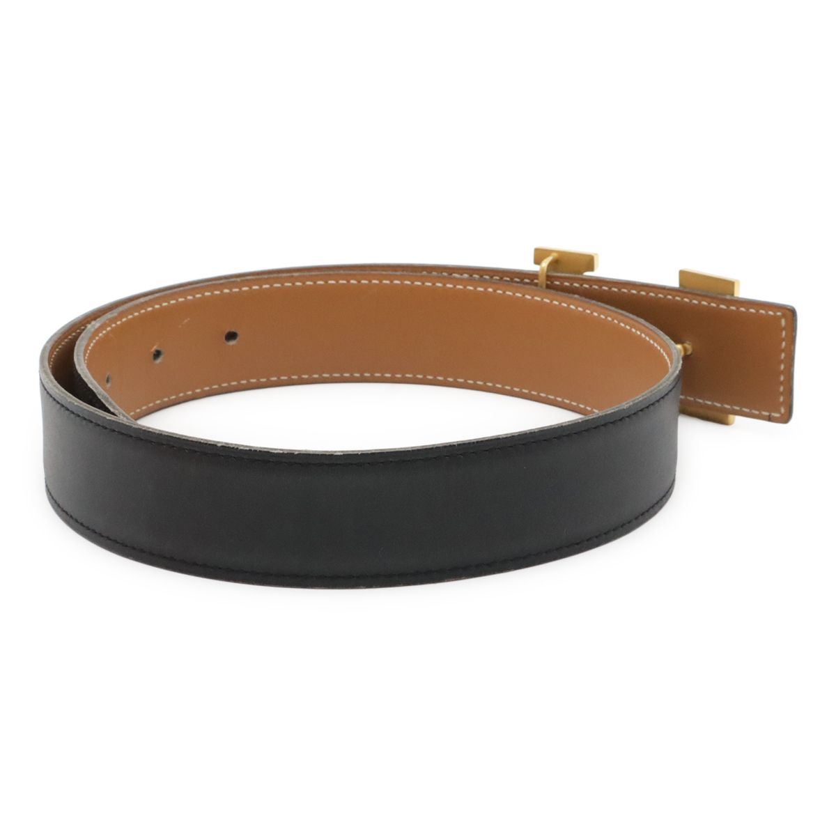 Hermes Belt Buckle Reversible Box Calf Leather Black Light Brown Gold 62