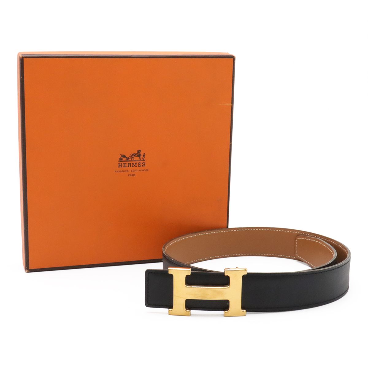Hermes Belt Buckle Reversible Box Calf Leather Black Light Brown Gold 62