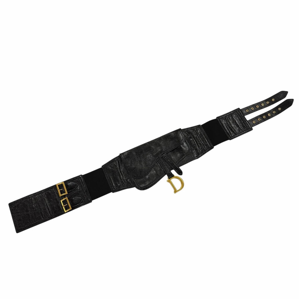 Dior Vintage Logo Saddle Leather Belt Black Gold
