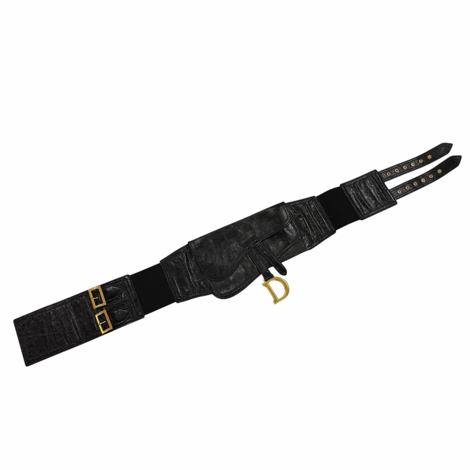 Dior Vintage Logo Saddle Leather Belt Black Gold
