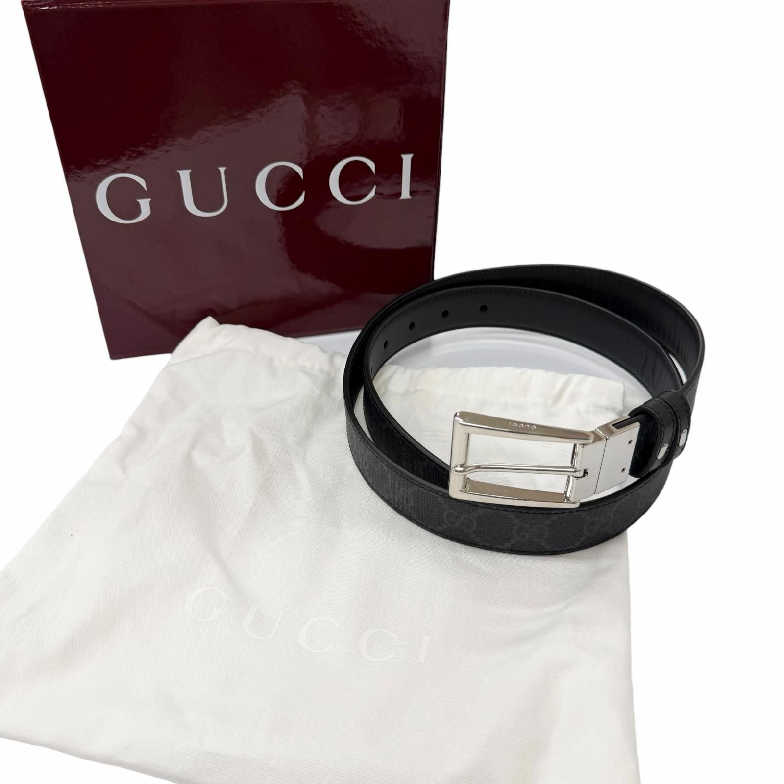 Gucci Leather GG Supreme Canvas Square Buckle Reversible Belt Black 90 36