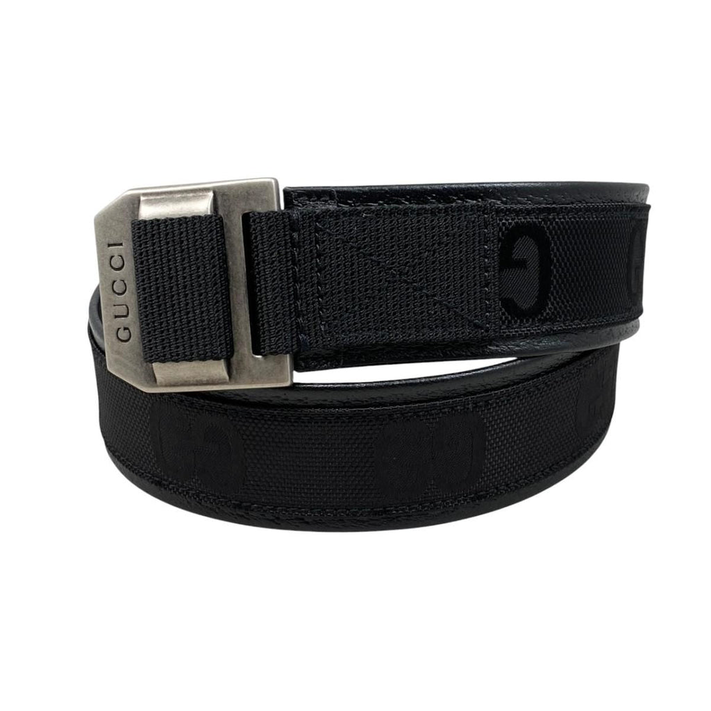 Gucci Belt Jumbo GG Nylon Leather Black Silver