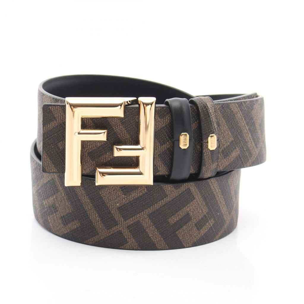 Fendi Belt Round FF Zucca Reversible Black Brown Leather