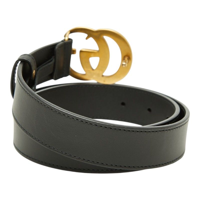Gucci GG Marmont Emblem Wide Buckle Belt Black Leather