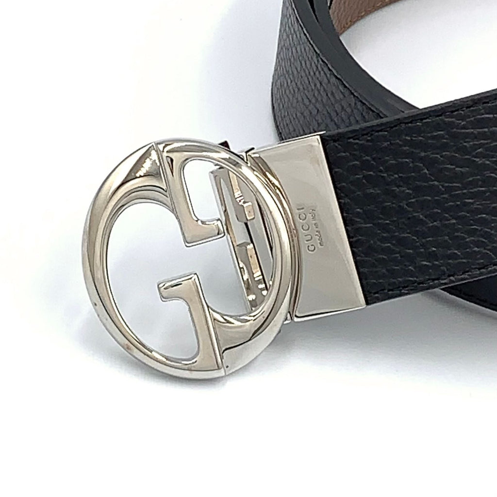 Gucci Interlocking Reversible Leather Brown Black Belt Silver