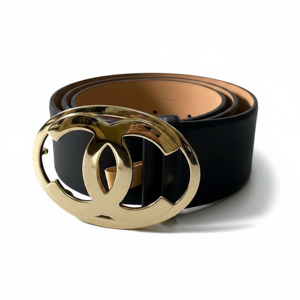 Chanel CC Logo Big Buckle Leather Belt 34 85 Black Gold
