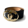 Chanel CC Logo Big Buckle Leather Belt 34 85 Black Gold