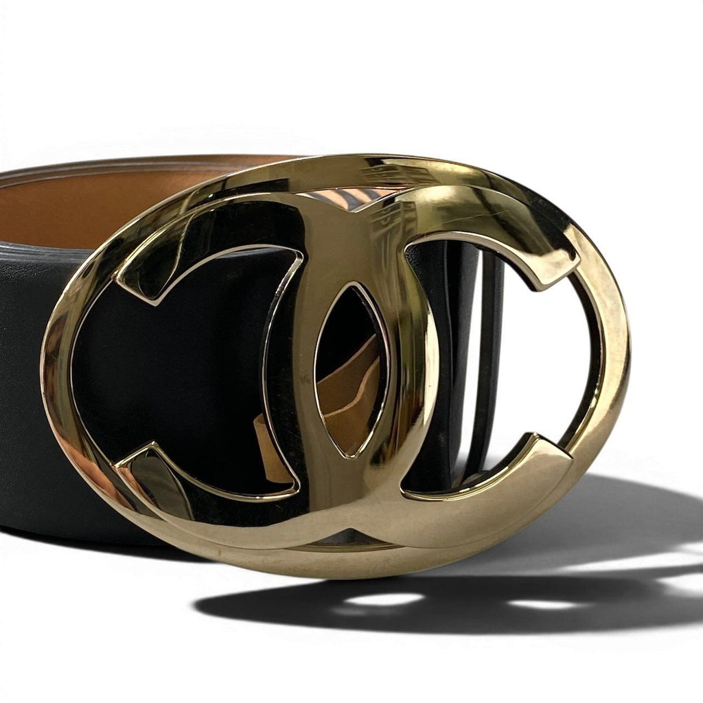 Chanel CC Logo Big Buckle Leather Belt 34 85 Black Gold