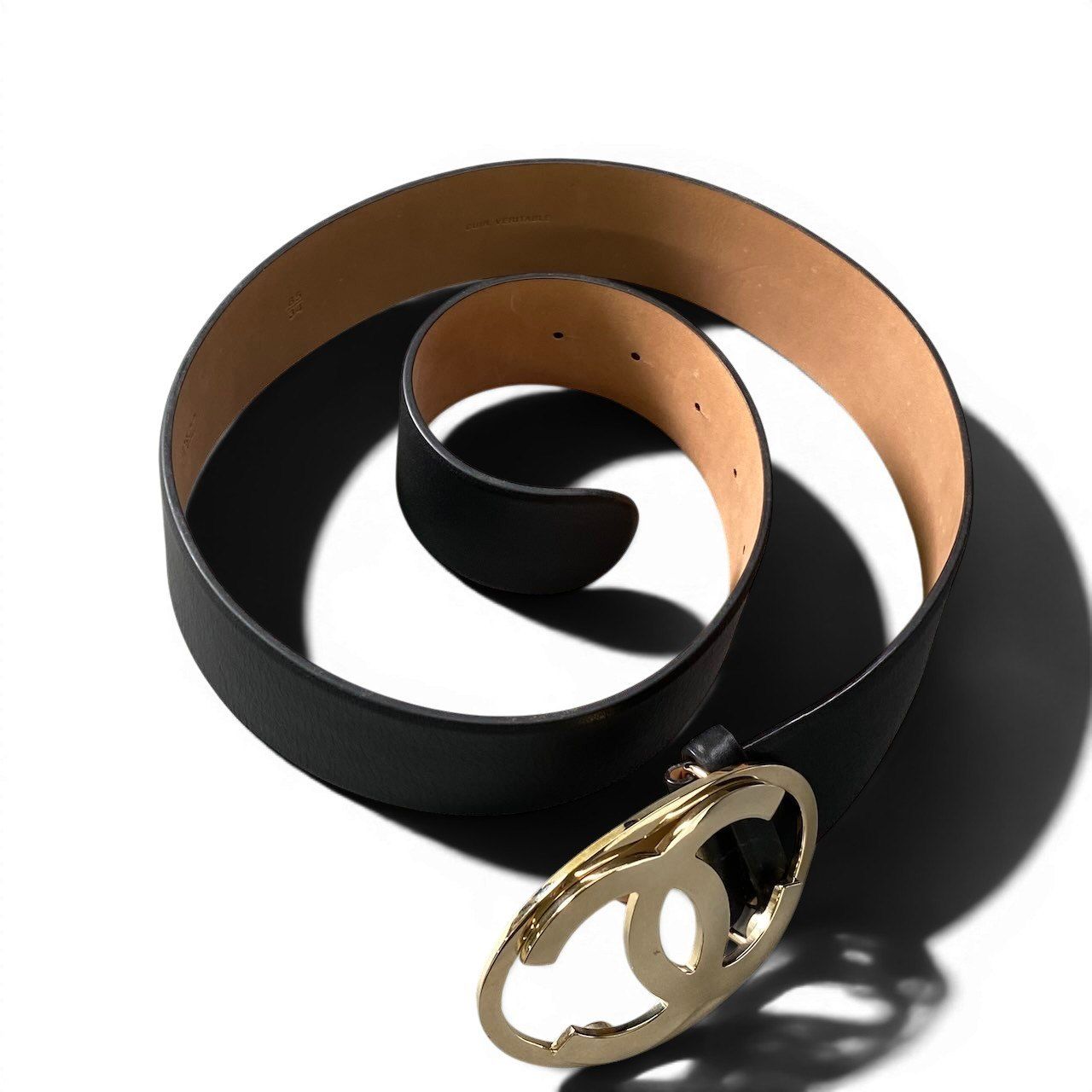 Chanel CC Logo Big Buckle Leather Belt 34 85 Black Gold