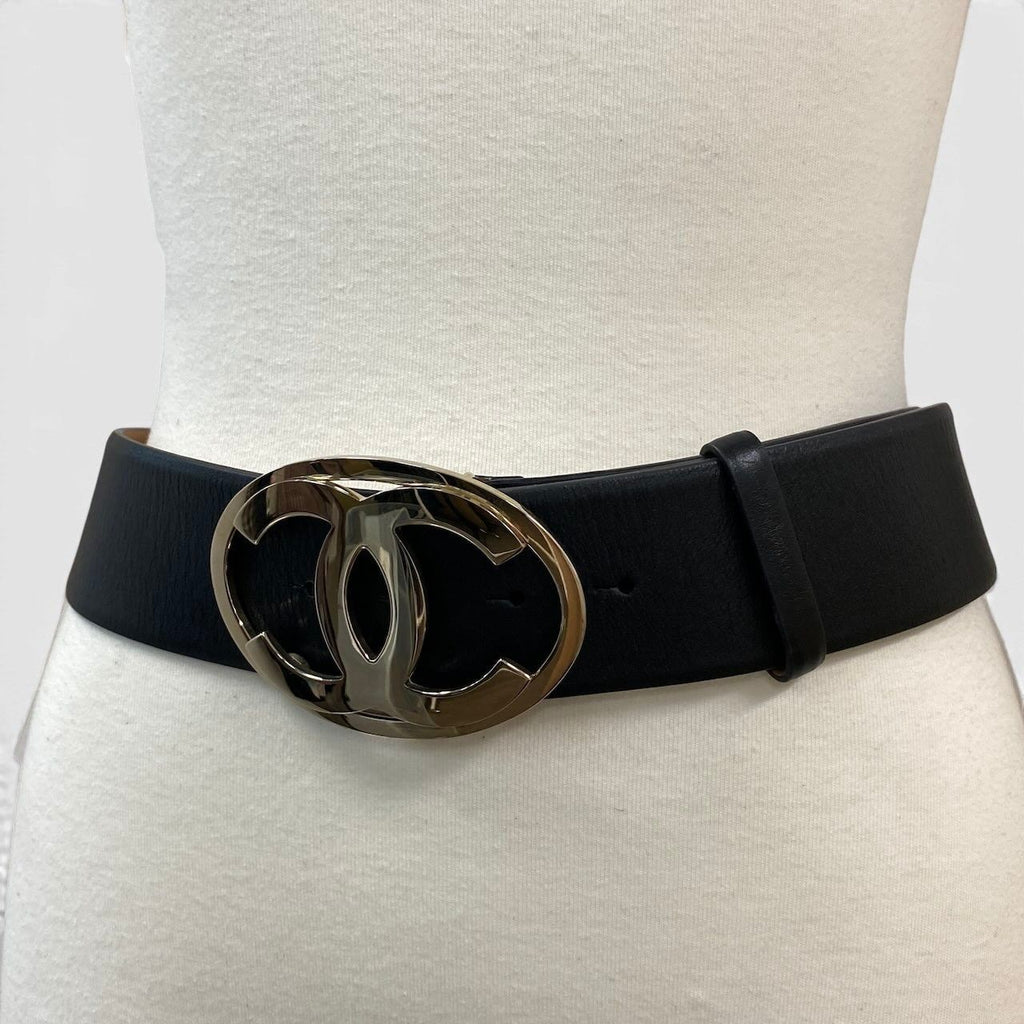 Chanel CC Logo Big Buckle Leather Belt 34 85 Black Gold