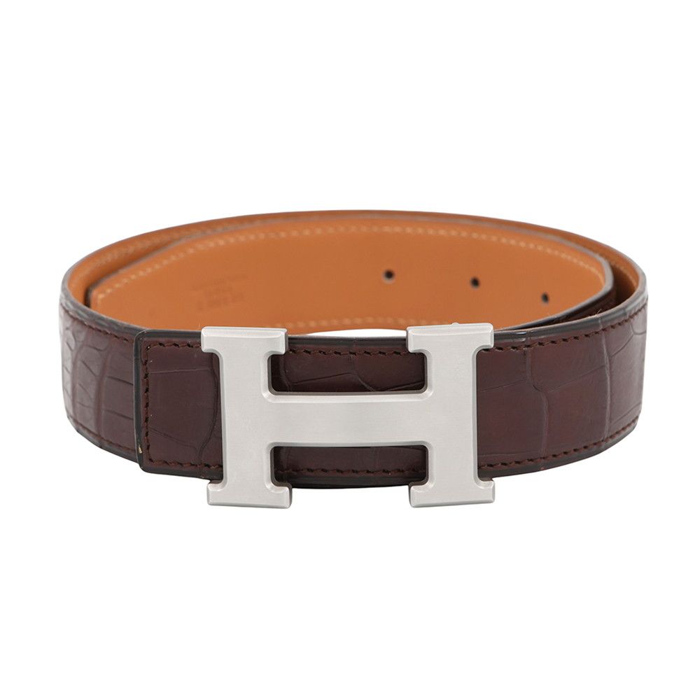 Hermes Belt Constance Dark Brown Matte Silver Porosus Leather 60