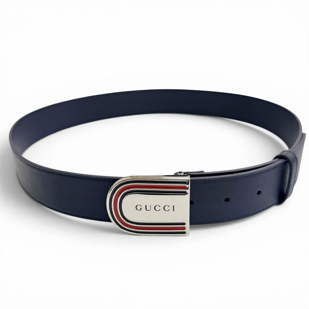 Gucci Daaat Web Detail Buckle Leather Belt Navy Silver 90 Recommended