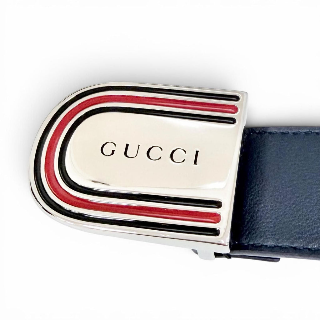 Gucci Daaat Web Detail Buckle Leather Belt Navy Silver 90 Recommended