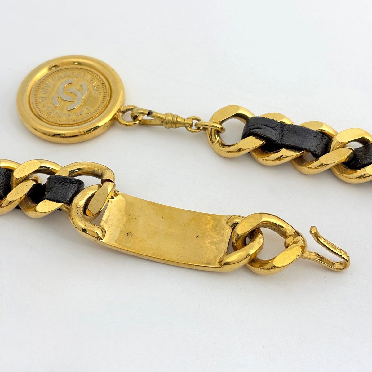 Chanel CC Logo Chain Belt 94 Leather Gold Black