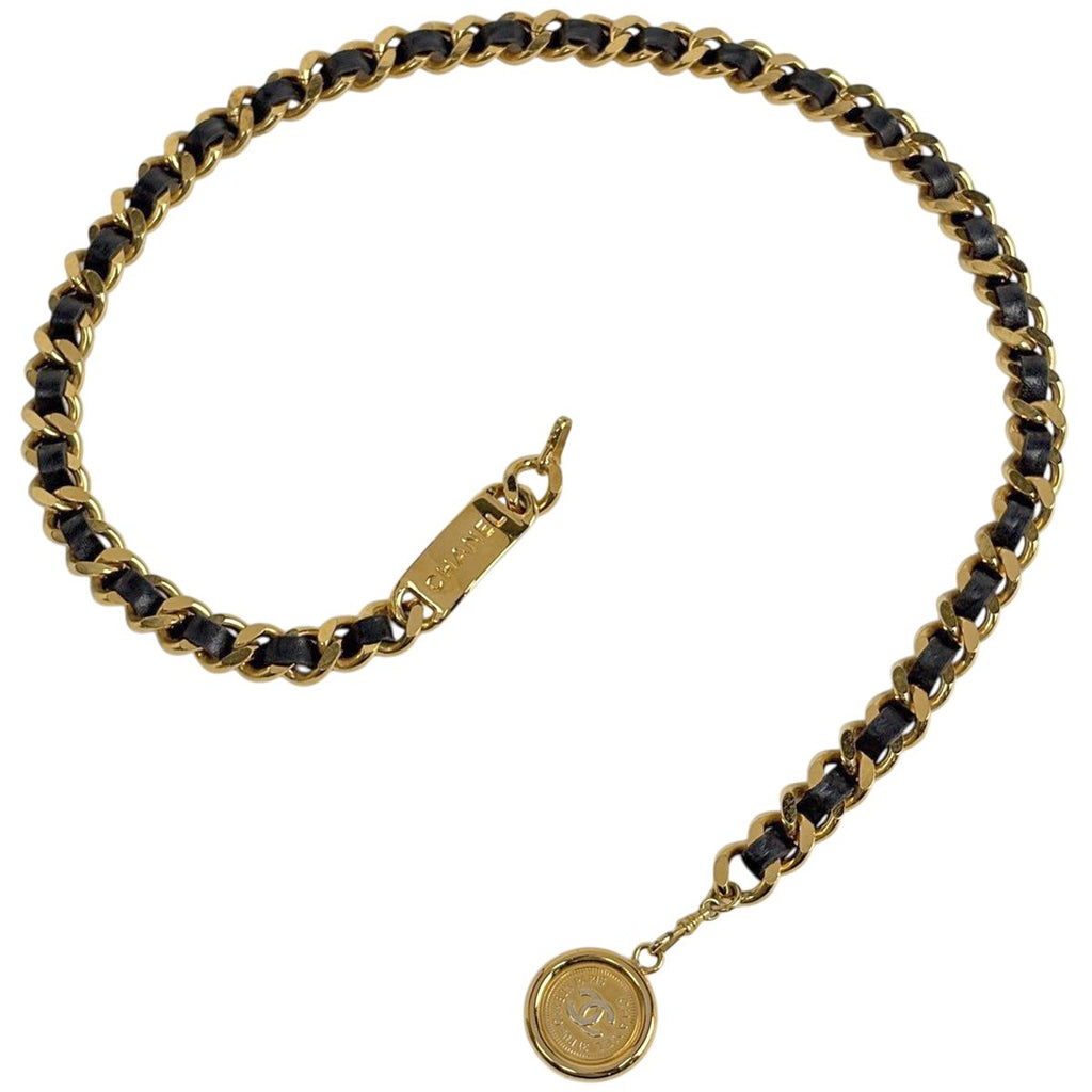 Chanel CC Logo Chain Belt 94 Leather Gold Black
