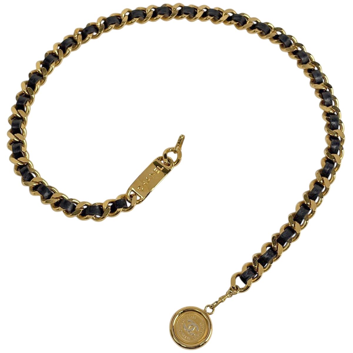 Chanel CC Logo Chain Belt 94 Leather Gold Black
