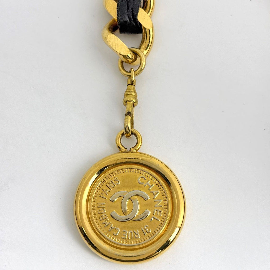Chanel CC Logo Chain Belt 94 Leather Gold Black