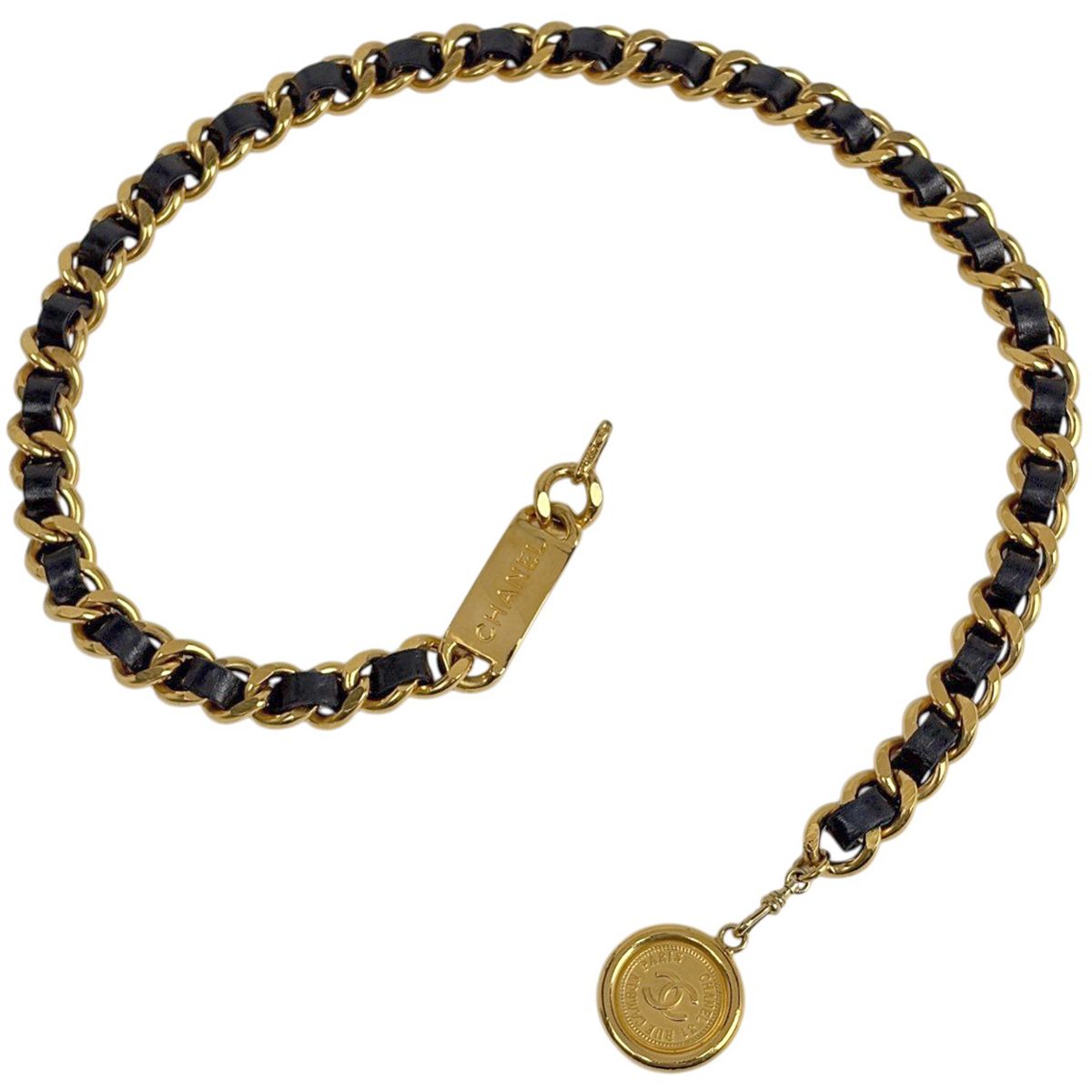 Chanel CC Logo Chain Belt Leather Gold Black