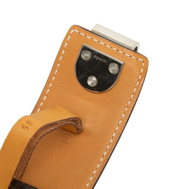 Hermes 85 Brown Silver Leather Belt