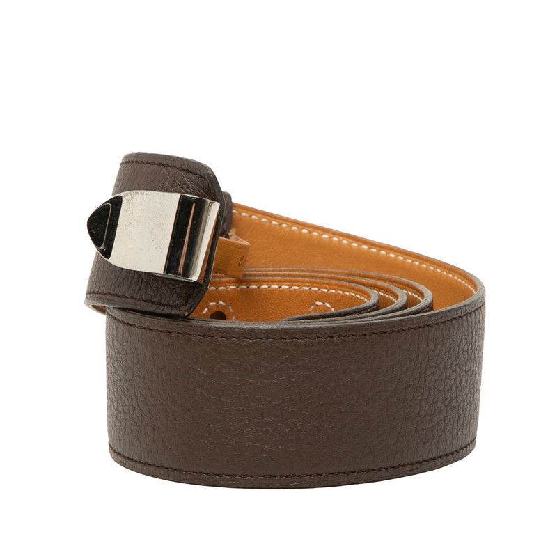 Hermes 85 Brown Silver Leather Belt
